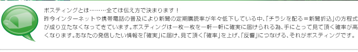 ポスティングとは………全ては伝え方で決まります！昨今インターネットや携帯電話の普及により新聞の定期購読率が年々低下している中、「チラシを配る＝新聞折込」の方程式が成り立たなくなってきています。ポスティングは一枚一枚を一軒一軒に確実に届けられる為、手にとって見て頂く確率が高くなります。あなたの発信したい情報を「確実」に届け、見て頂く「確率」を上げ、「反響」につなげる、それがポスティングです。